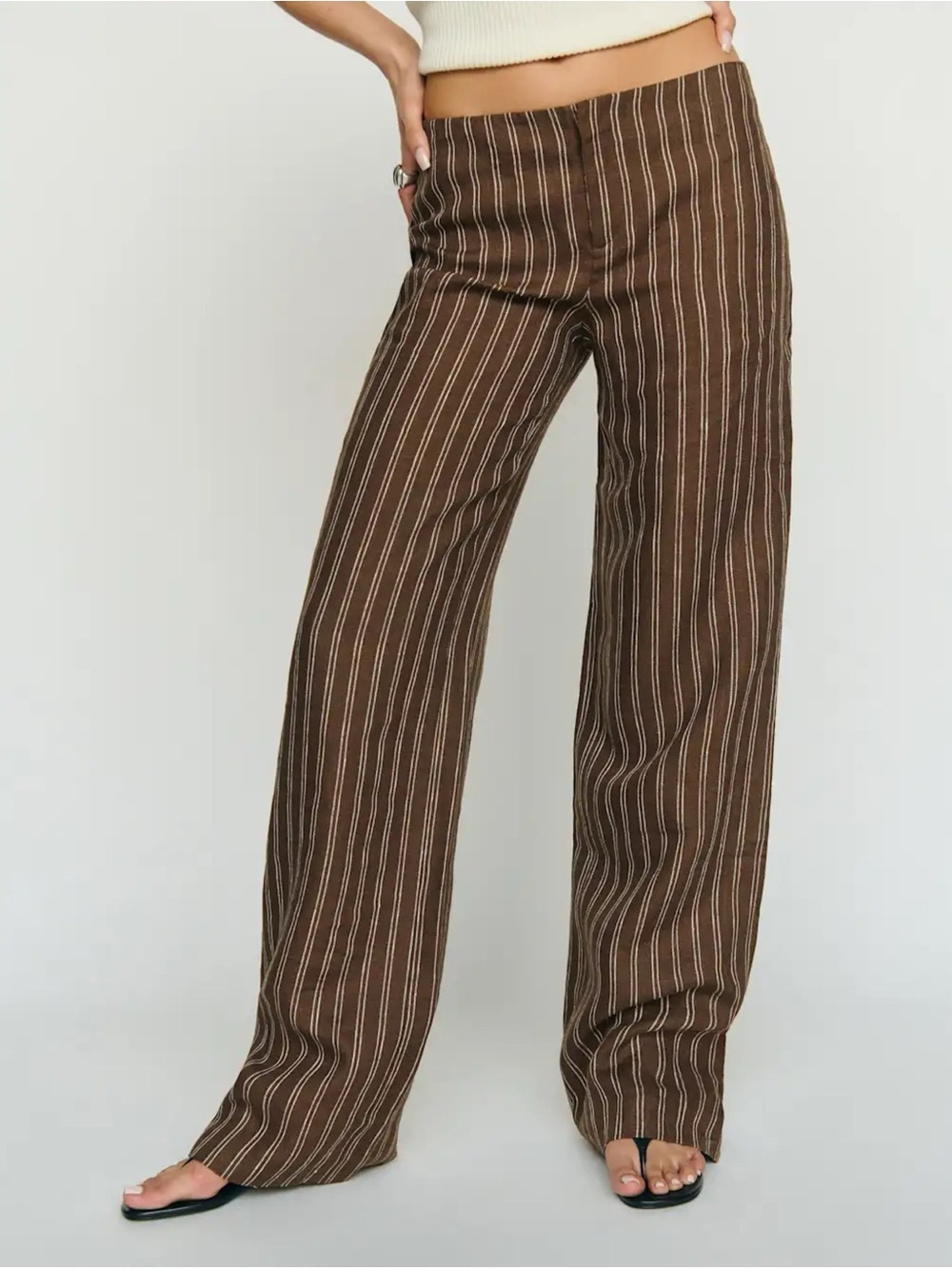 NWT Reformation Vida Linen Low-Rise Pants Brown Boardwalk Stripe 6
